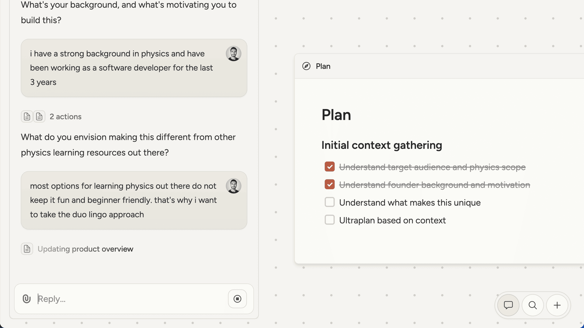 AI cofounder chat experience